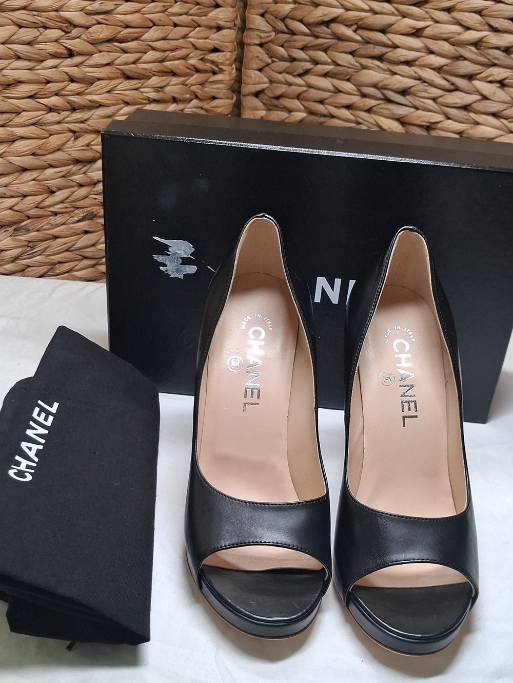 CHANEL Black Leather Peep-Toe Platform Pumps